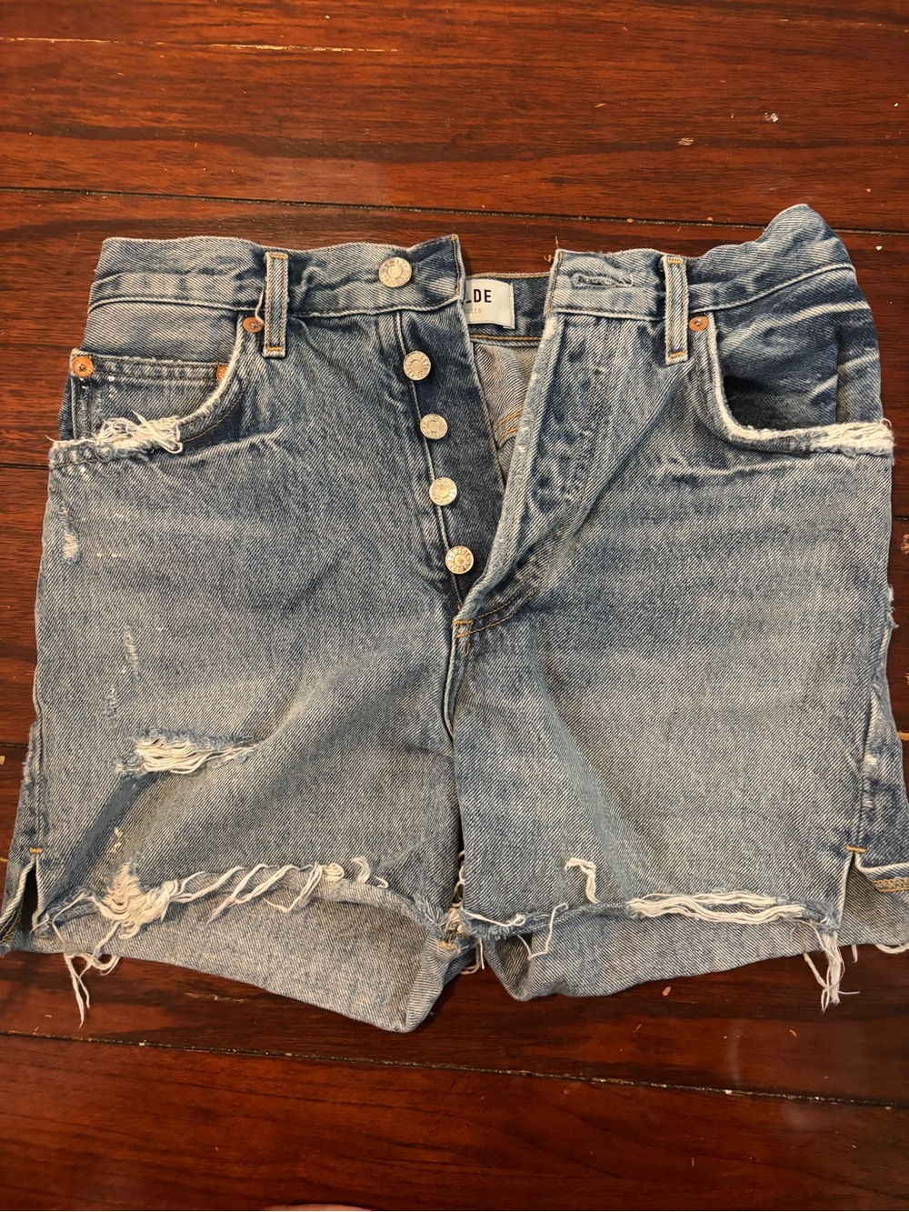 Agolde Light Blue Distressed Denim Shorts